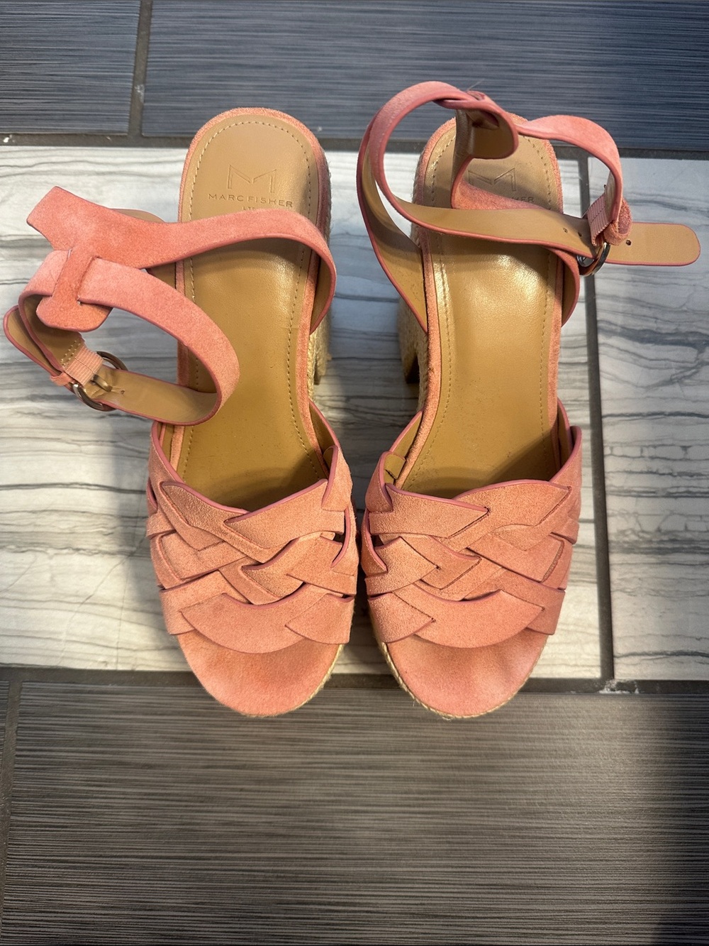 Marc Fisher Coral-Peach Woven Wedge Sandals